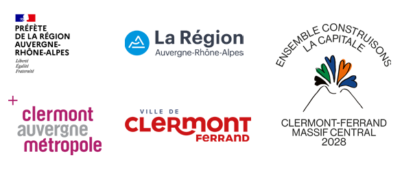 Logos "Préfète de la région Auvergne-Rhône-Alpes", La Régione Auvergne-Rhône-Alpes, Clermont Auvergne Métropole, Ville de Clermont-Ferrand, Clermont-Ferrand Massif Central 2028